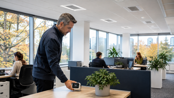 Facilities engineer checking a CO2 monitor in a UK office with ceiling