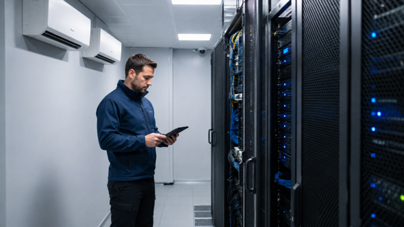 Commercial air conditioning system providing critical cooling for server racks in a UK server room.