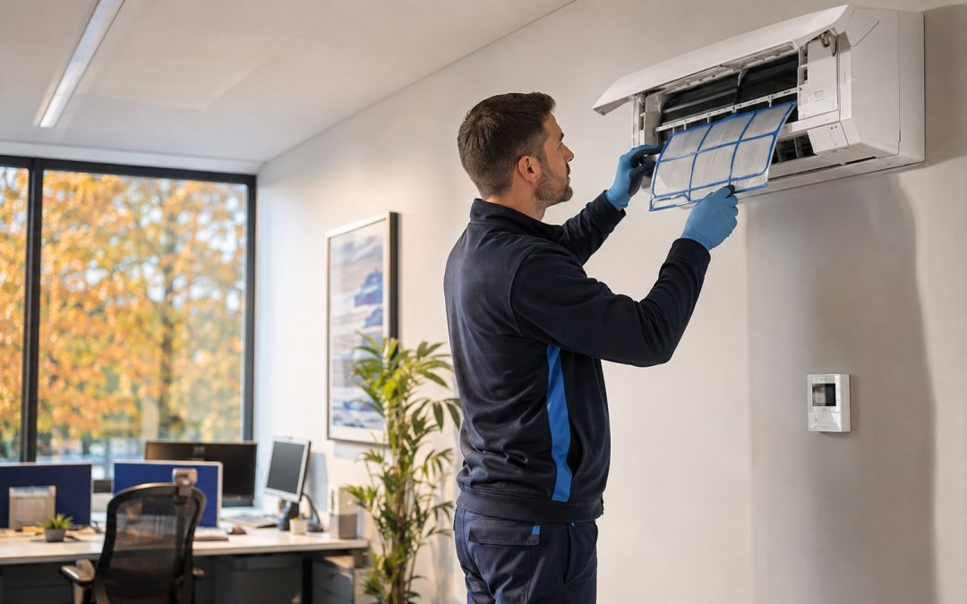 Engineer cleaning an indoor air-conditioning filter in an occupied UK office during autumn